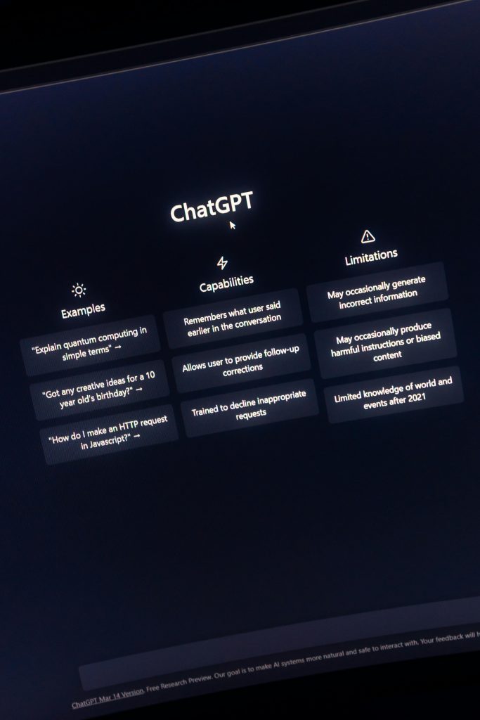 ChatGPT interface displaying examples, capabilities, and limitations.